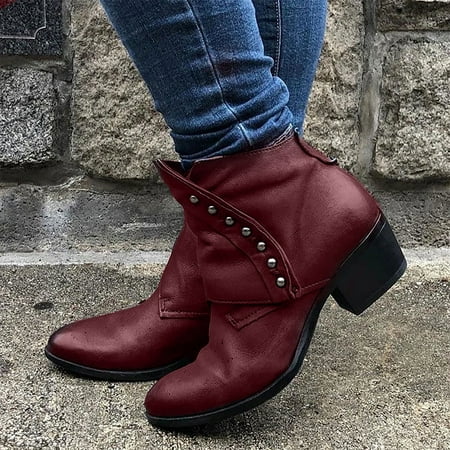 

Clearance Sales Online Deals Women s Shoes Fashion Minimalistic Solid Color Side Zipper Low Tube Round Head Thick Heel Rivets Short Boots