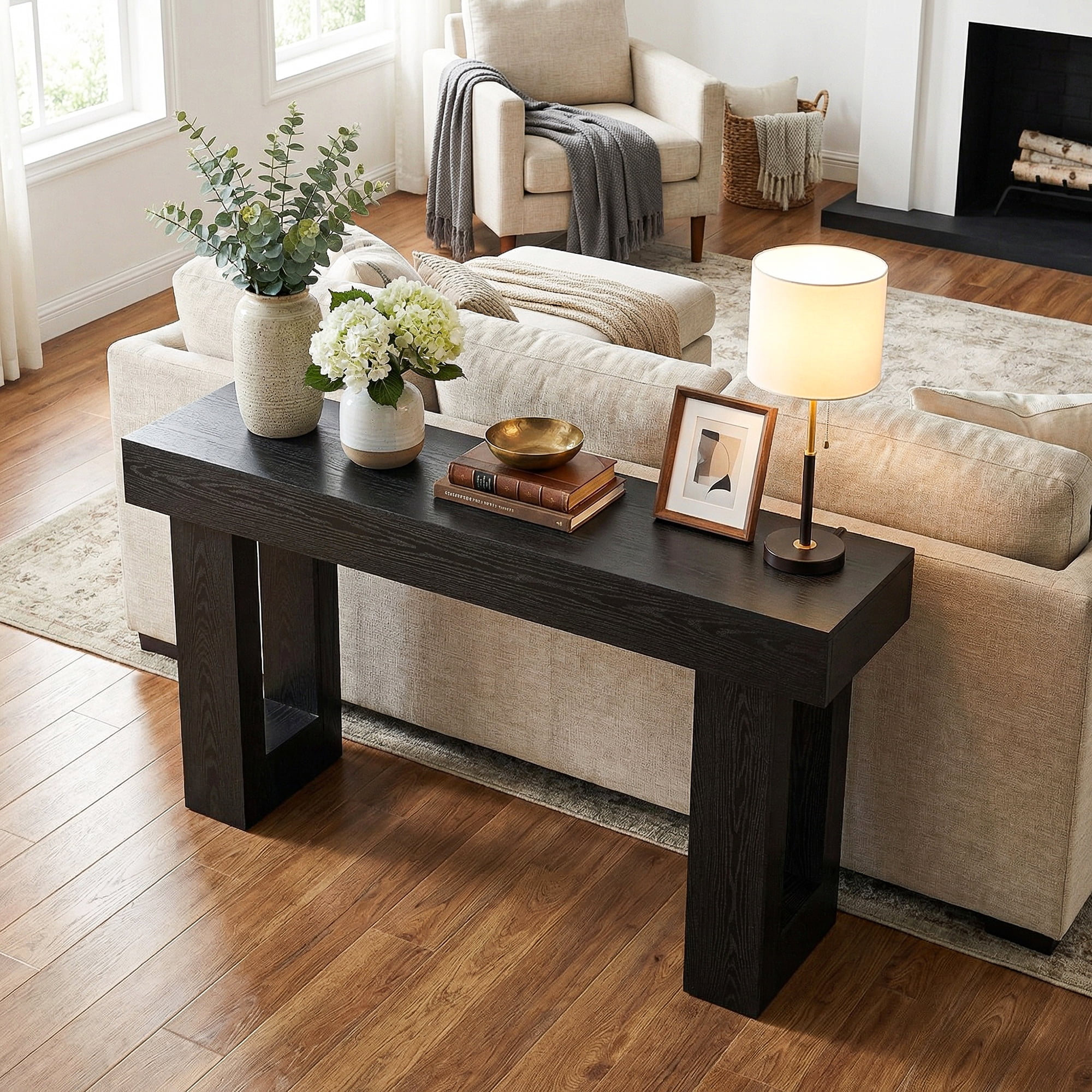 Demi Bonn 63" Console Table, Farmhouse Wooden Sofa Table Entryway Table for Hallway, Entrance, Living Room, Bedroom, Black