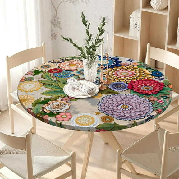 Elastic Round Tablecloth Fitted Washable Fitted Table Cover for Indoor and Outdoor Dining Table Cloth Protector,45"- 54"