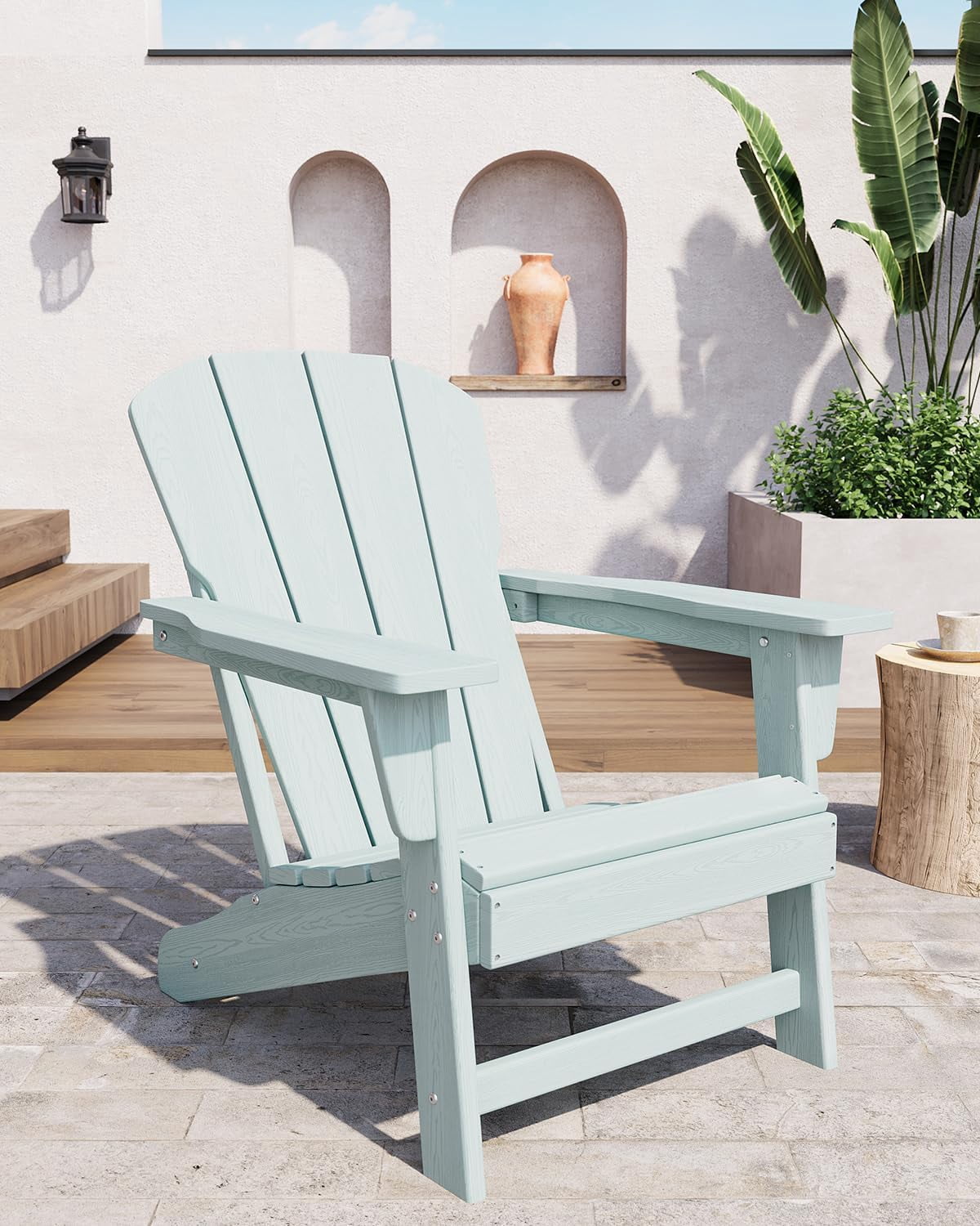 Outdoor Adirondack Chairs, HDPE Plastic Patio Chairs for All Weather, Weather-Resistant Fire Pit Chair with Wide Armrests & Slatted Back, for Patio, Deck, Lawn, Light Biue