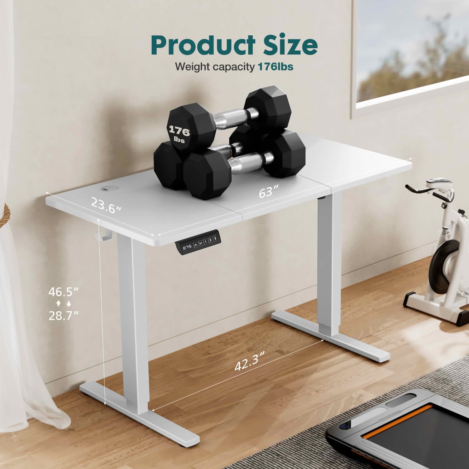 MAYEERTY 63x24 Electric Height Adjustable Standing Desk, Splice Board 2 Hooks Wire Hole, Home Office Computer Table, White