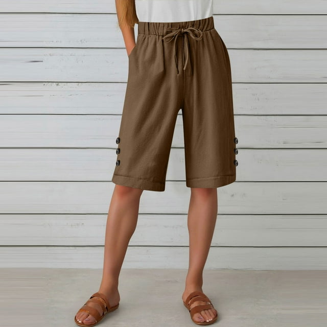 LVHAOGJOB Womens Shorts with Pockets Plus Size Linen Elastic Waist Summer Drawstring Solid Color Shorts Pants for Ladies Loose