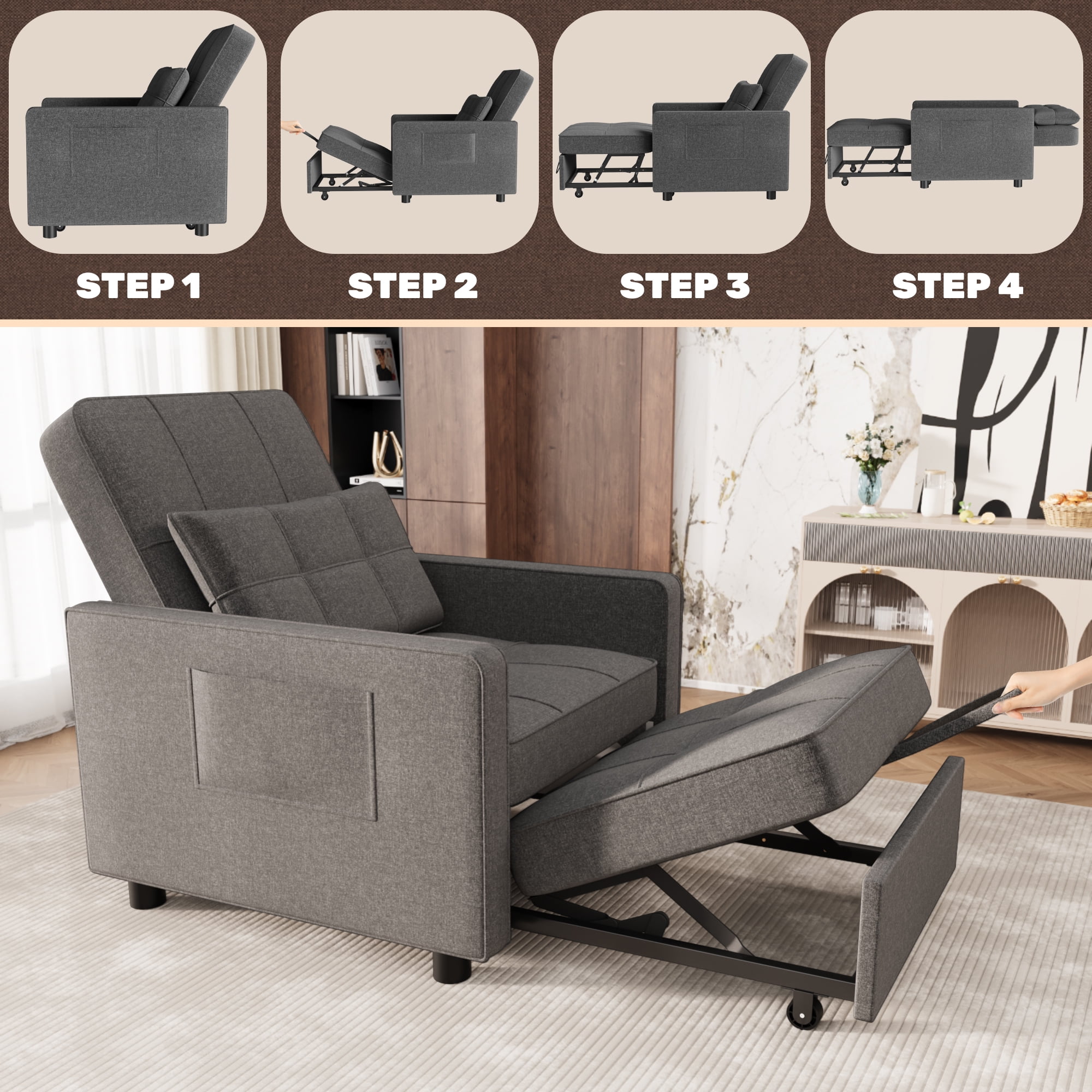 Homall Sleeper Sofa Chair Bed 3 in 1 Convertible Bed Chair Adjustable Sleeper Chair Pullout Sofa Bed,Black