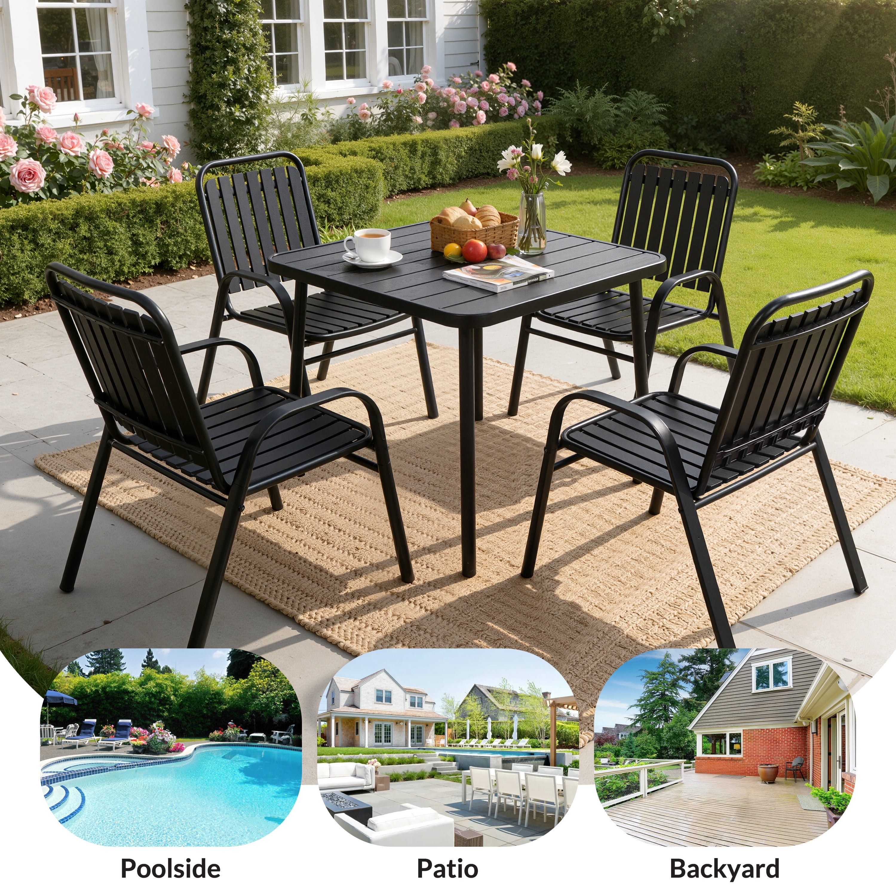 5 Piece Outdoor Dining Set, Patio Furniture Set with 4 Armrest Chairs and Steel Slat Table, All-Weather Conversation Set for Patio, Backyard, Deck, Poolside - Black