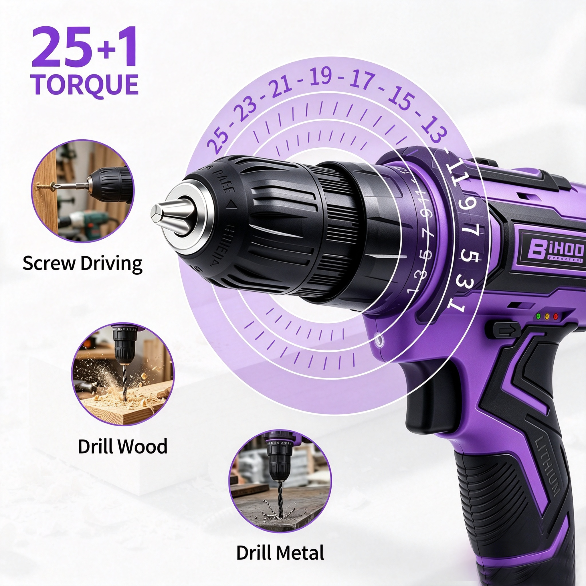 BIHOO 20V Cordless Drill Driver Kit, Purple, for Women photo 2