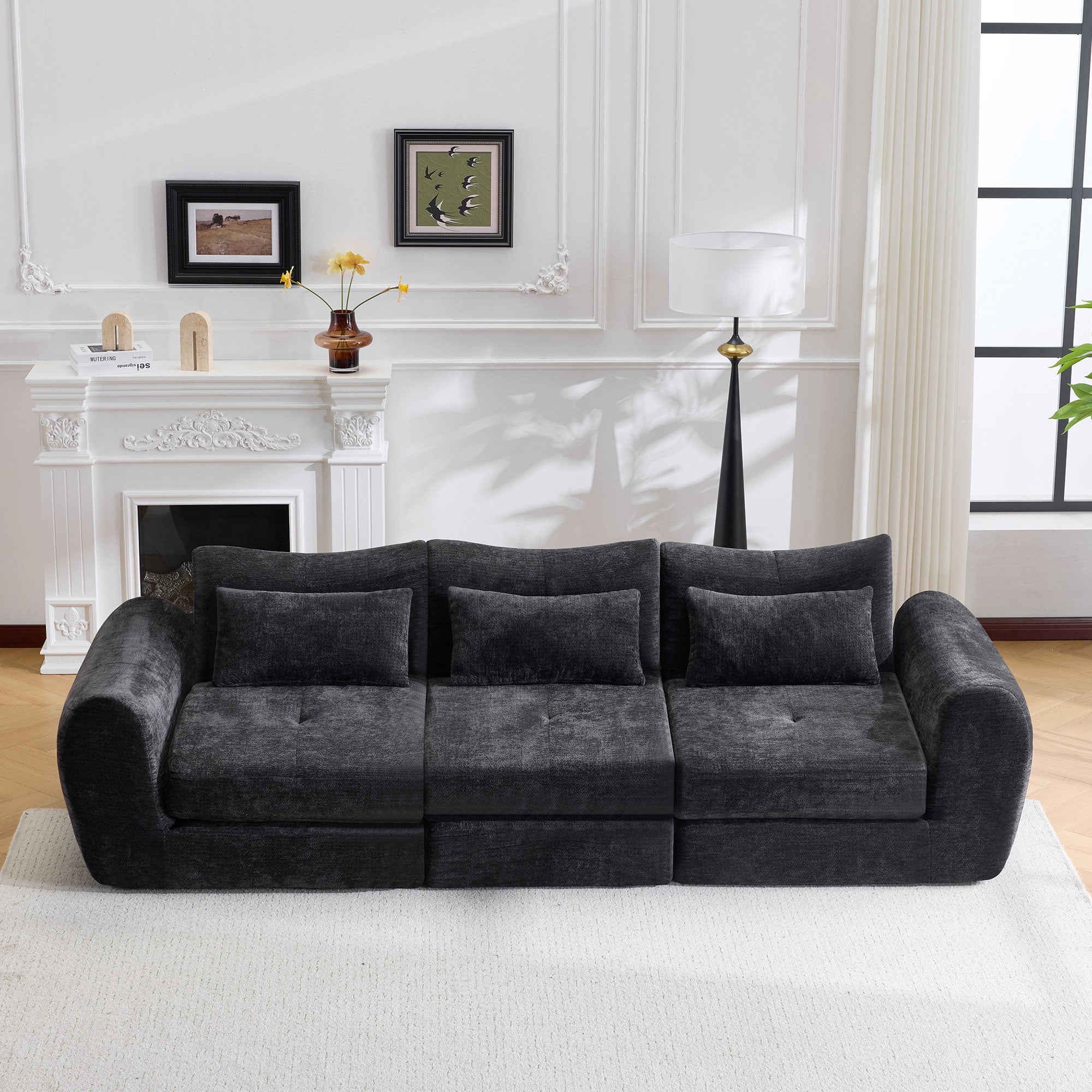 BSHTI 101.58" Chenille Modular Cloud Sofa, Comfortable Sectional Sofa with Convertible Folding Design for Living Room（Black）