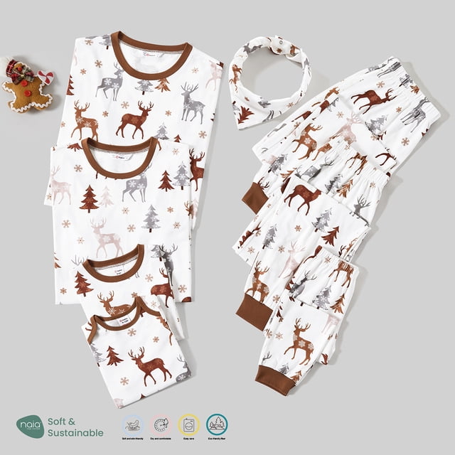 Conjuntos de pijamas de manga larga con estampado de renos y árboles de Navidad a juego para toda la familia (resistentes al fuego)