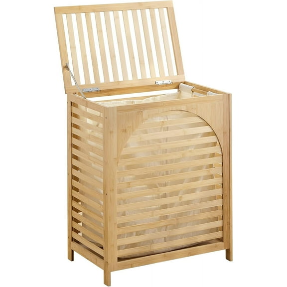 Laundry Hamper with Lid, Bamboo Clothes Laundry Basket with Handles, Removable 2-Section Liner bag, Hampers for Bedroom Aesthetic, Large Storage for Bath Towel, Sheets or Toys, Home (Natural)