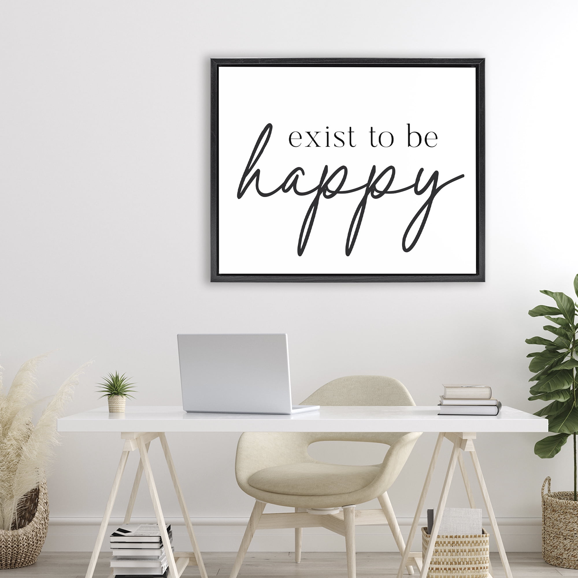 Exist To Be Happy Black Framed Floater Canvas Wall Art, design by Lettered and Lined