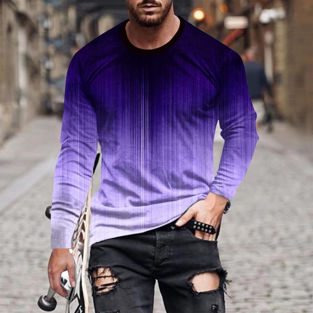 T-Shirt Décontracté à Manches Longues et Col Rond Dégradé pour Hommes