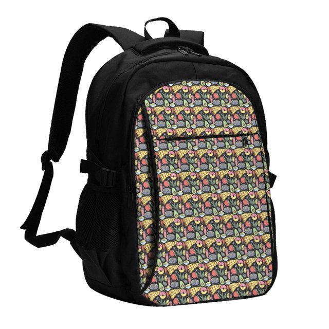 Balery Doodle Food Mochila con carga USB para hombre y mujer - Mochila impermeable y antirrobo para laptop con puerto USB para viajes, trabajo