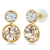 Gem Stone King 14K Yellow Gold Peach Morganite and White Zirconia Earrings for Women (1.70 Cttw, Gemstone October Birthstone, Round Cut 6MM and 4MM)