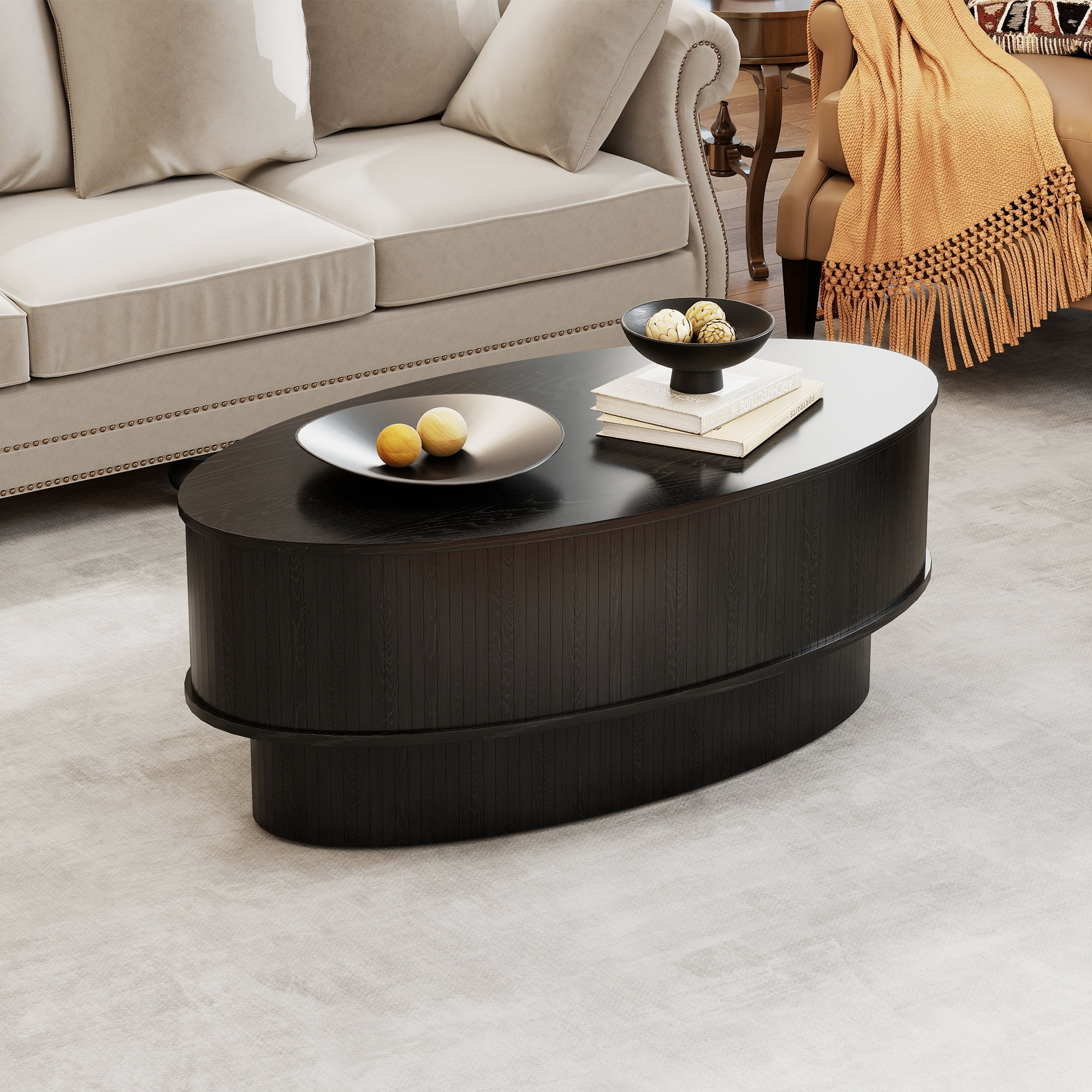 Lift Top Coffee Table with Storage, Mid Century Modern Coffee Table for Living Room, Oval Center Table for Small Space, Black