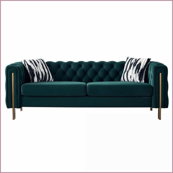 Modern Tufted Velvet Sofa, 84.25''W 3-Person Couch with Pillows for Living Room | Green | Velvet | Rolled Arms | Tight Back