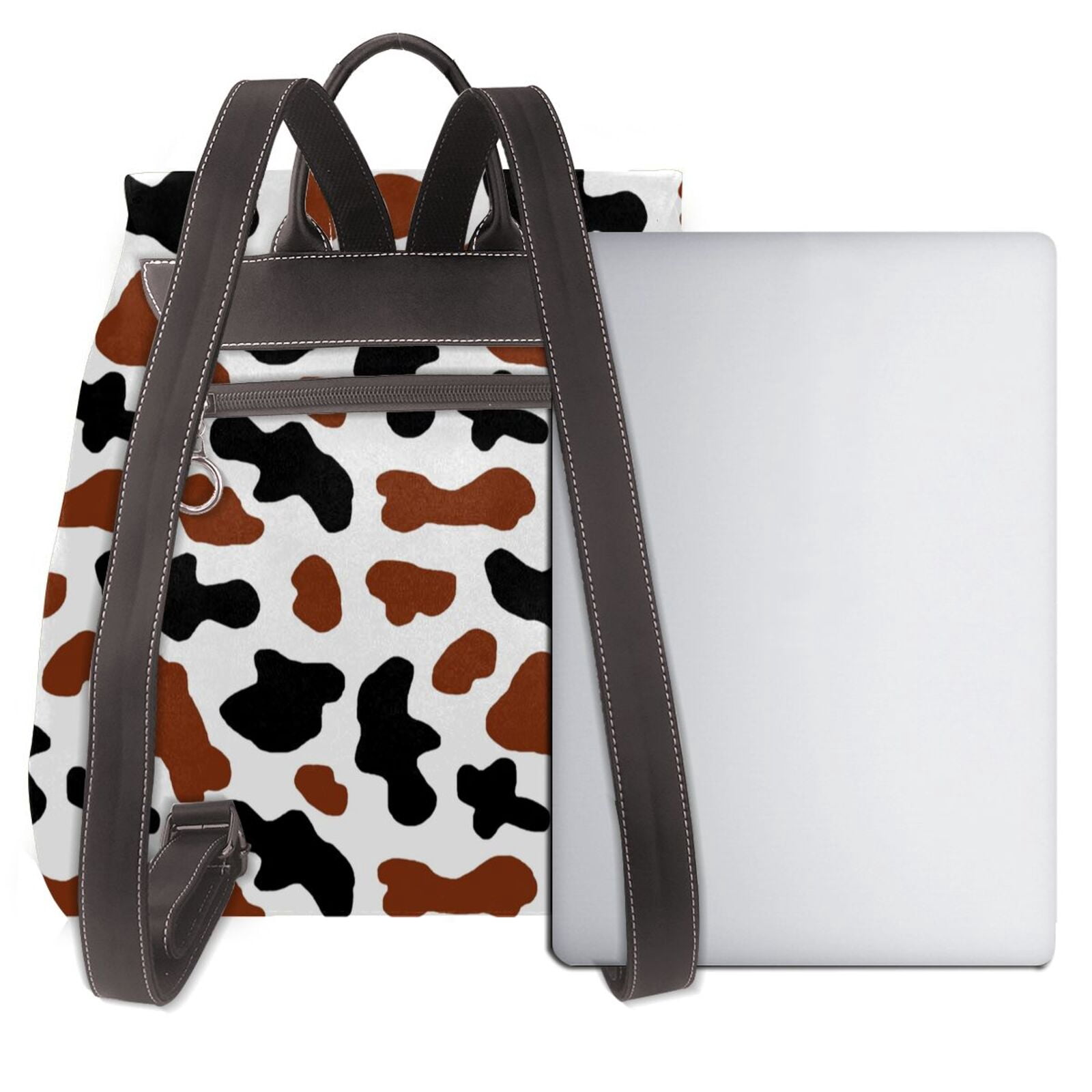 Xecao Brown Black Cow Print Large Backpack Soft Leather for Women Travel with Compartment, Adjustable Convertible Strap