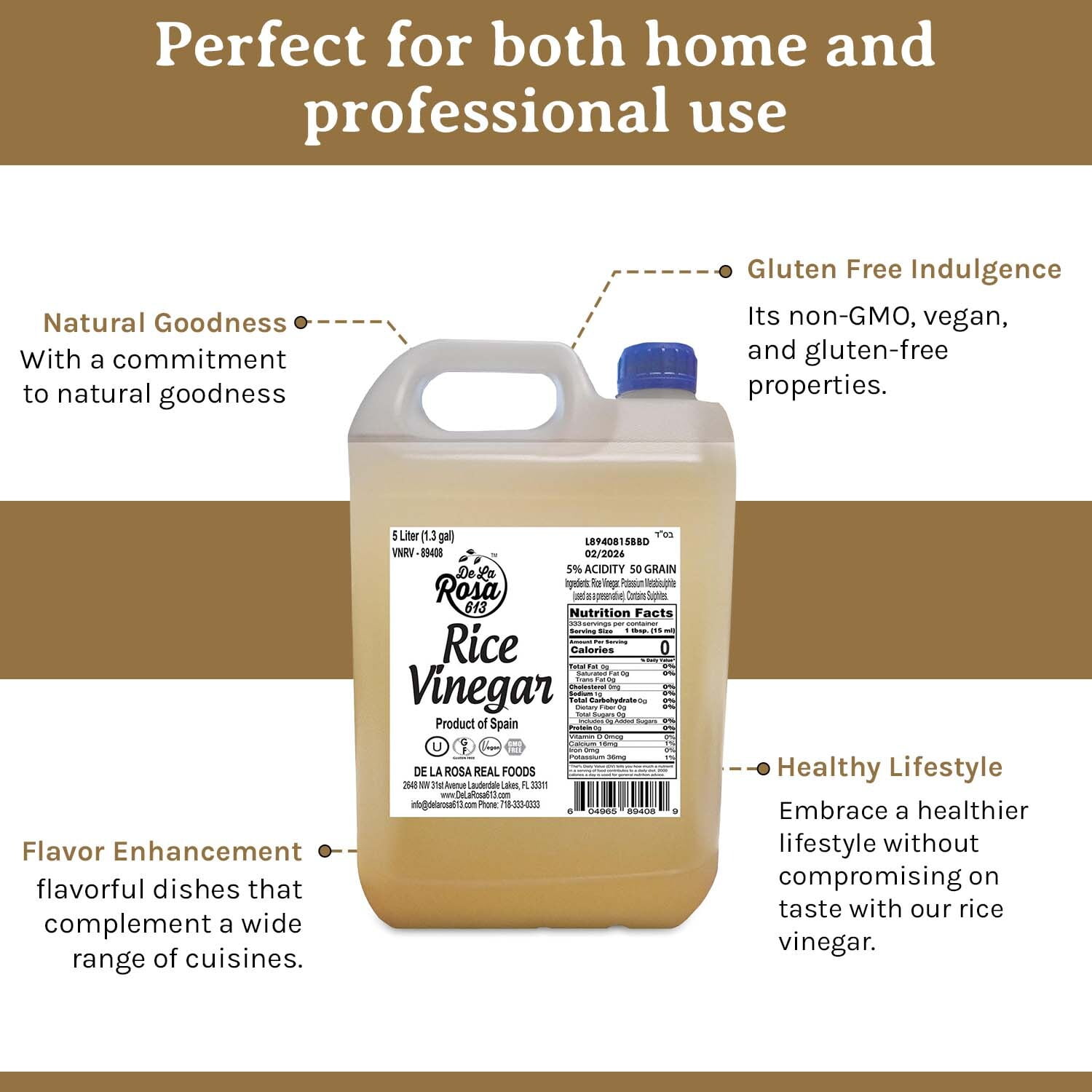 De La Rosa 613  5-Liter Rice Vinegar: Gluten-Free, Non-GMO