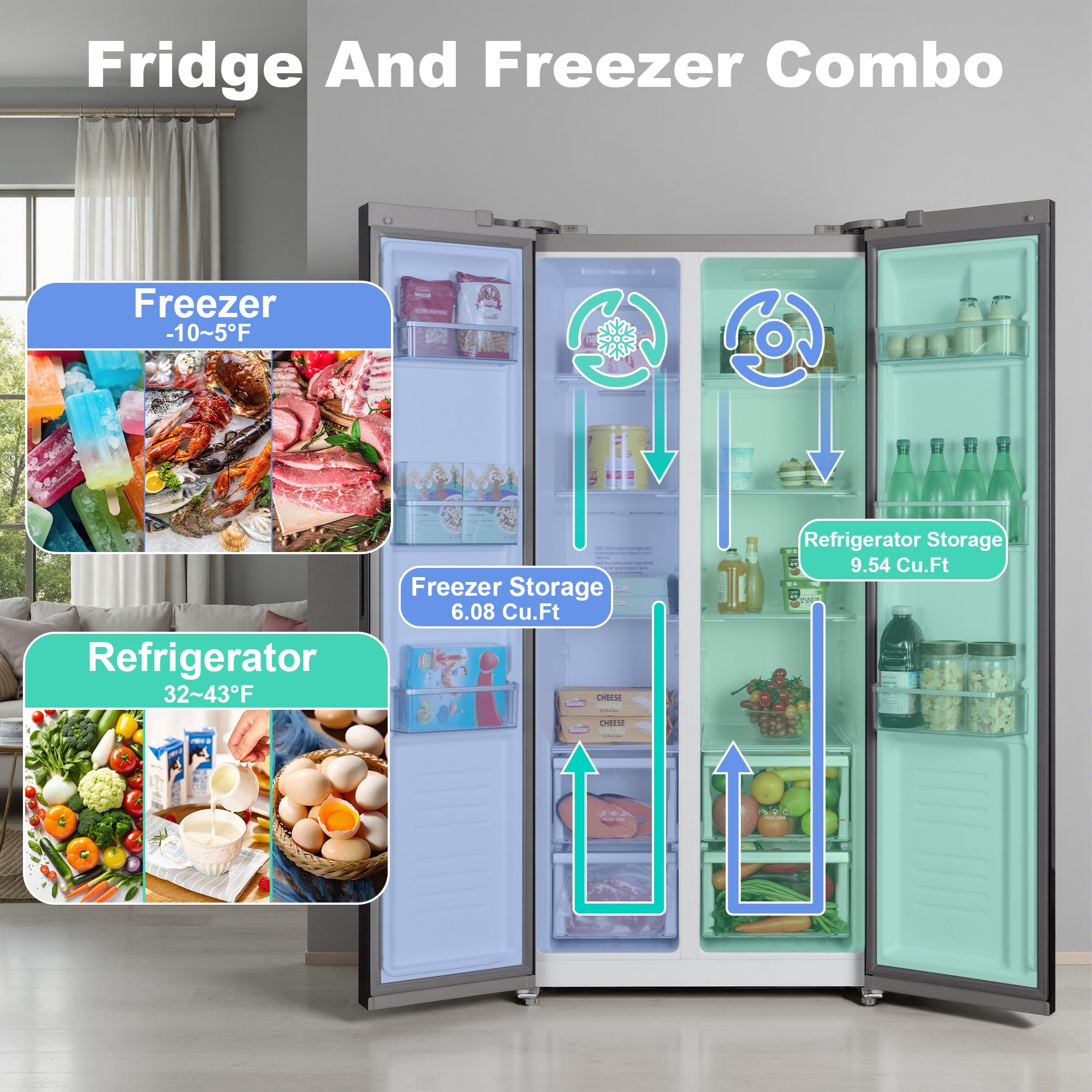iceBlue 15.6 Cu. Ft. Black Stainless Steel Side-by-Side Refrigerator - Independent Left Freezer & Right Fridge Temperature Control