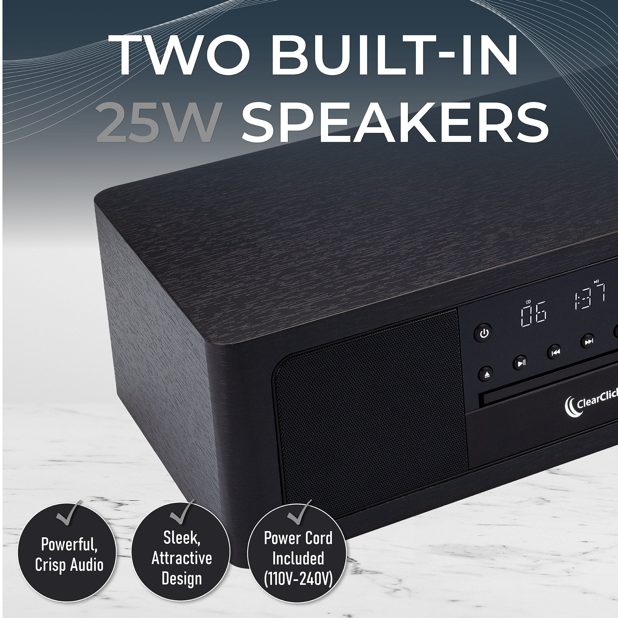 ClearClick Stereo Shelf System with CD Player, Bluetooth, FM Radio, USB Playback, Aux in, Optical in, Alarm Clock, & Remote Control