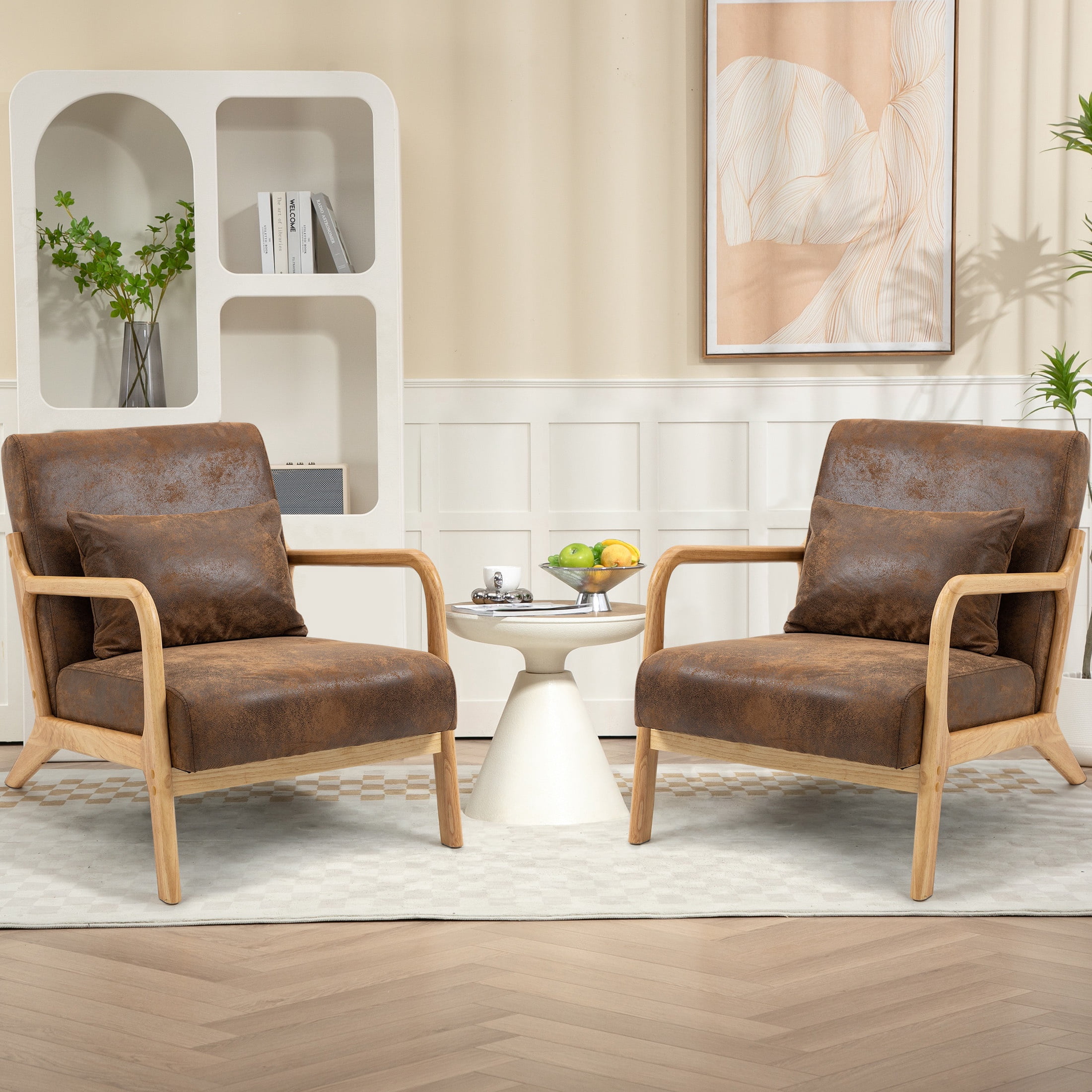 PAPROOS Accent Chair Set of 2, Mid-Century Modern Armchair with Solid Wood Frame and Pillow, PU Leather Upholstered Reading Chair for Living Room Bedroom, Brown