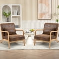 thumbnail image 2 of PAPROOS Accent Chair Set of 2, Mid-Century Modern Armchair with Solid Wood Frame and Pillow, PU Leather Upholstered Reading Chair for Living Room Bedroom, Brown, 2 of 11