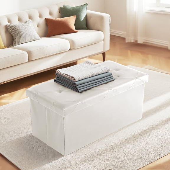 TOPCOMFY 76in Foldable Storage Ottoman Bench with Padded Seat, PVC, for Bedroom and Living Room, White
