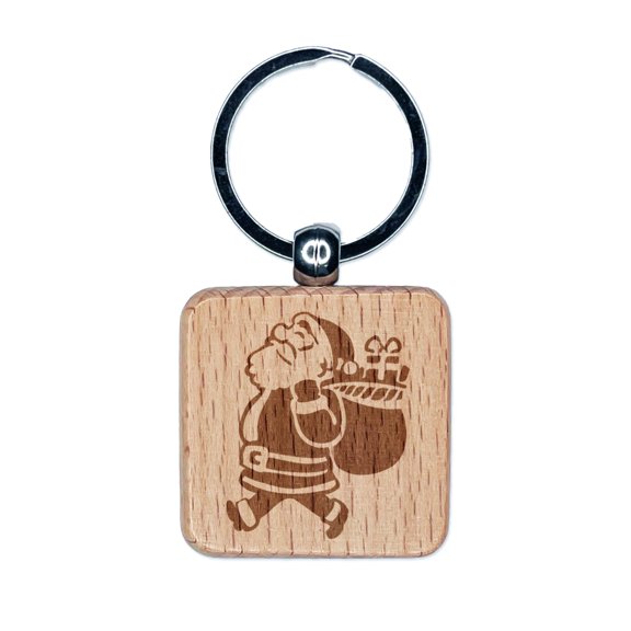 Santa Claus with Bag of Gifts Christmas Holiday Square Keychain Charm Tag - Engraved Wood