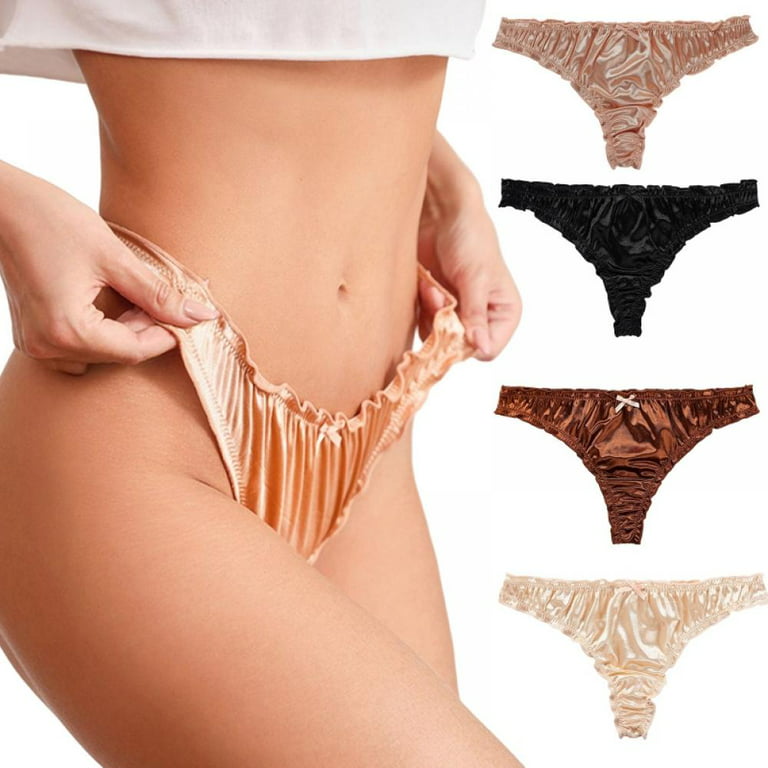 Women Satin Thong Panties Low-Waist Ruffle Milk Silk G-string Panties  Frilly Thongs Ladies Underpants 