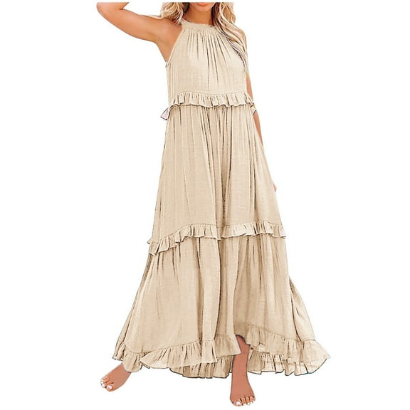 Women Summer Dresses Sleeveless Halter Neck Solid Color Flowy Ruffle Casual Elegant Maxi Dress For Holiday Vacation Beach,Beige,M