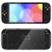 PlayVital Clear Series Protective Case for Nintendo Switch 2, Anti-Scratches Hard Shell Dockable Grip Cover with Extra Foldable Stand & Thumb Grips - Clear Glitter Silver