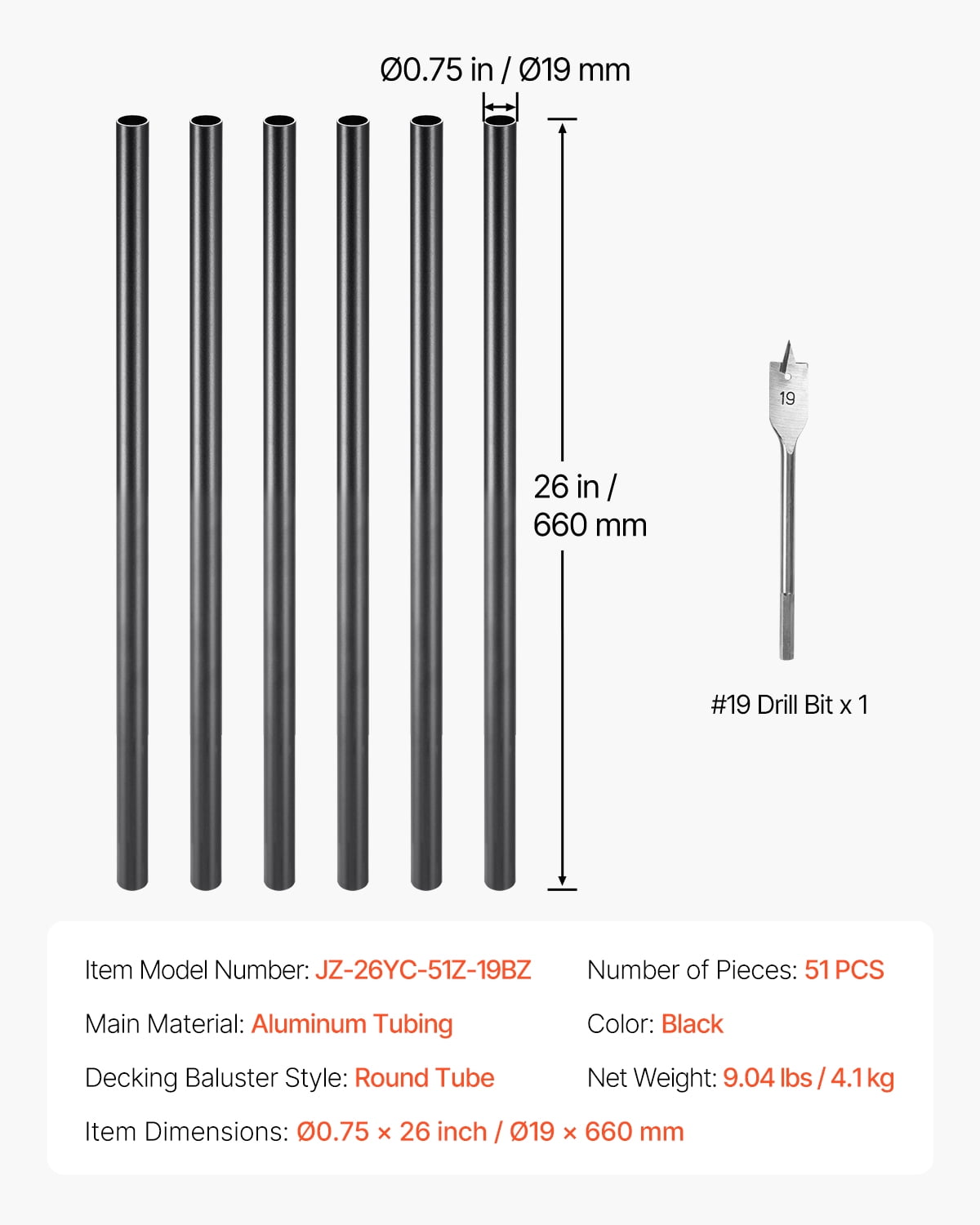 VEVOR Staircase Balusters 51 pack, 26 In Aluminum Stair Balusters, 3/4 In Rainwater-Proof Round Metal Spindle Railing, Durable Hollow Deck Railing with #19 Drill Bit for Stairs, Porch, Patio, Black