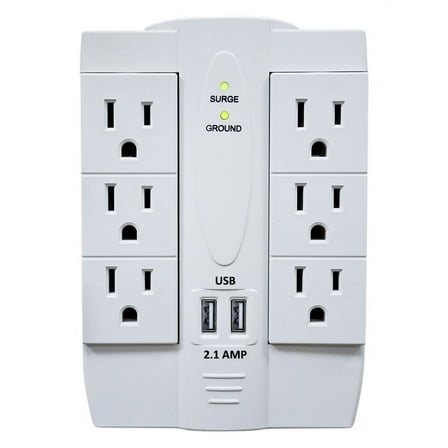 6 AC Outlet Power Surge Protector with 2 Ports USB Wall Charger 2.1Amp - White