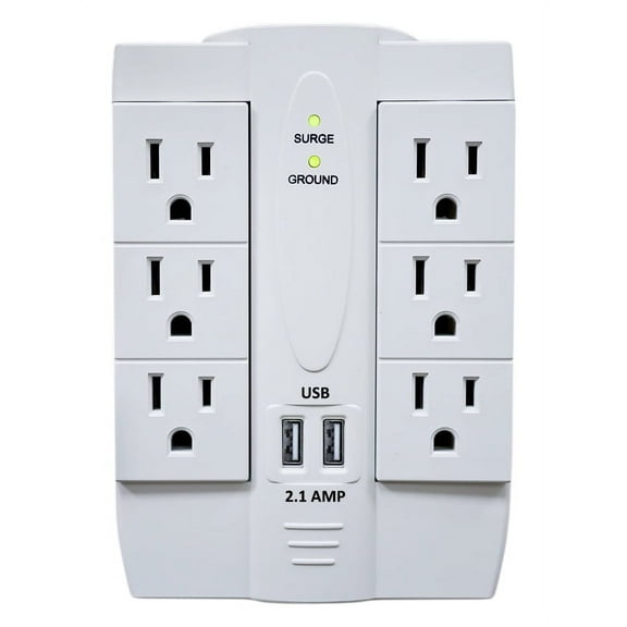 6 AC Outlet Power Surge Protector with 2 Ports USB Wall Charger 2.1Amp - White
