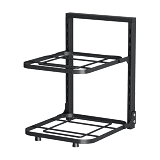 Sink Shelf Pot Rack Under Cabinet Storage Organizer with a 2-layer design, made of sturdy metal materials. Features adjustable tiers for accommodating various pot and pan sizes, ideal for saving space in the kitchen or on countertops. The black metal frame has a sleek and practical design, suitable for organizing frying pans, rice cookers, and other kitchen supplies. Easy to assemble without tools.