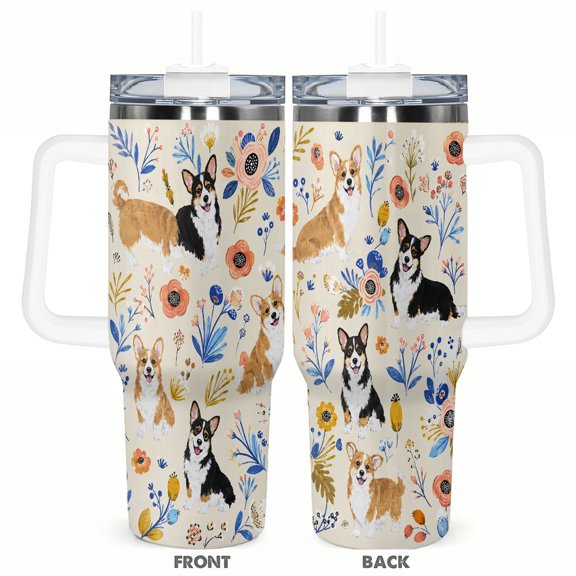 Cute Corgi 40oz Insulated Tumbler Floral Dog Pattern Travel Cup with Handle Straw Leak Resistant Cup Gift for Dog Lovers