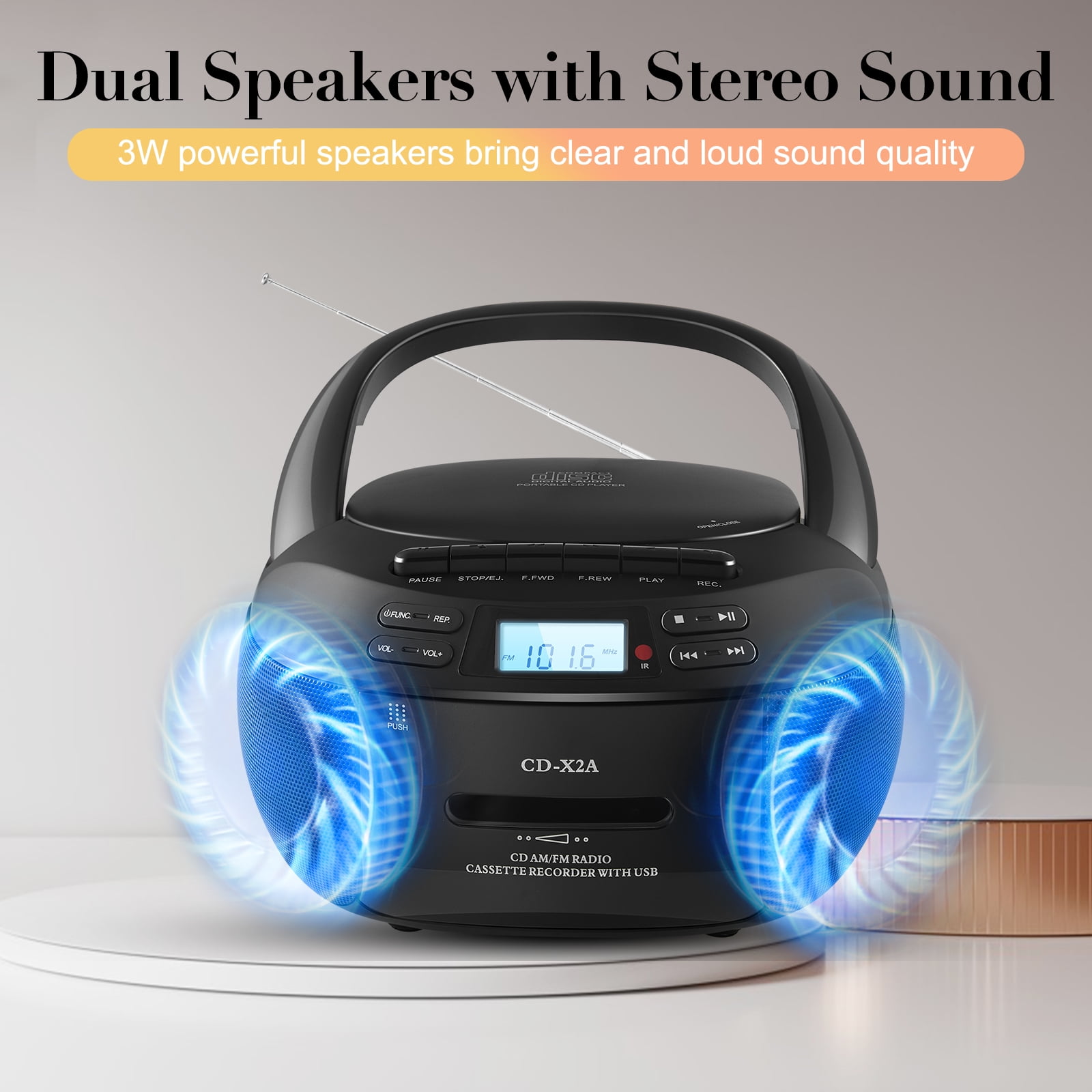 Boombox Cassette CD Player Combo with Bluetooth, AM/FM Radio for Home, Remote Control, Tape Recording, Stereo Sound.