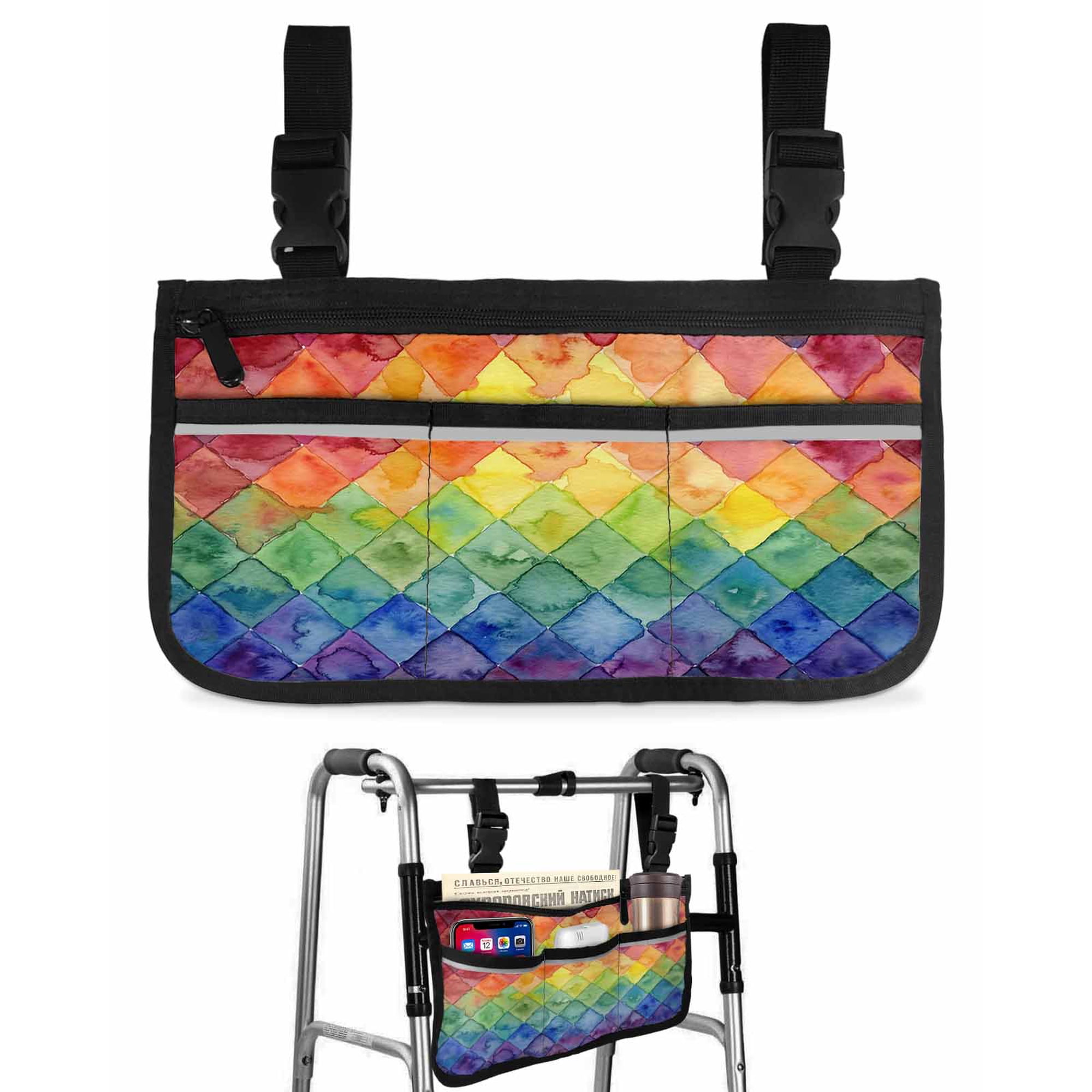 Colorful Modern Geometric Wheelchair Side Bag with Cup Holder, Watercolor Rainbow Diamond Pattern Wheelchair Armrest Bag Storage Pouch Adults, Seniors for Walkers, Rollator, Scooter