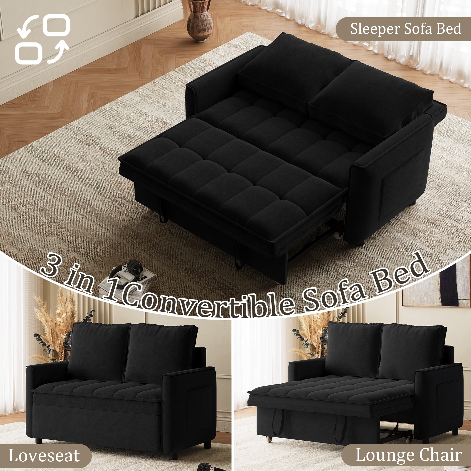 Rophefx 3-in-1 Pull Out Sofa Bed, Futon Sofa, Convertible Chenille Sleeper Chair Bed for Living Room,Black
