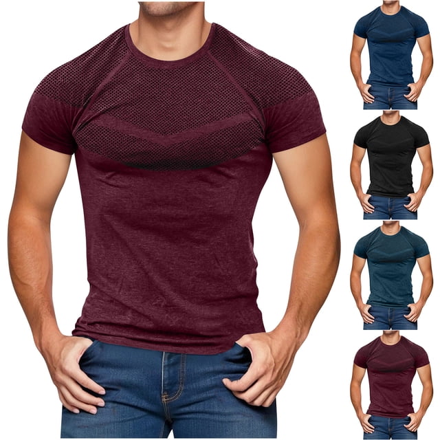 HVOBTTY chandail-Over Polyvalent Doux d'Été pour Hommes Mode Décontractée Couleur Unie Col Rond Manches Courtes Respirant Couche de Base Quotidienne Vin, TTTG