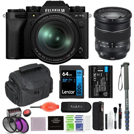 FUJIFILM X-T5 Mirrorless Camera with 16-80mm Lens (Black) Bundle with Extra Battery  Monopod  72MM 3PC Filter Kit & More (10 Items) | USA Authorized with Fujifilm Warranty | Fuji x-t5