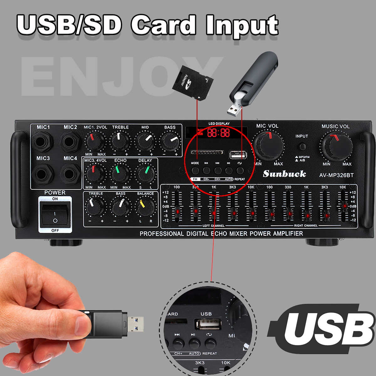 Sunbuck Bluetooth 5.0 Audio Amplifier, 2000W 2 Channel Power Amplifier with FM, 4-Mic Input, AUX Music Stereo Amplifier for Home / Car