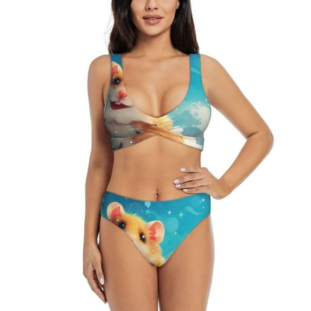 Zeuib Cloud Cute Hamster High Waisted Tummy Control Bikini Set - Knot Front Push Up Top & Cheeky Thong Bottom  Two-Piece Swimsuit for Women-Medium