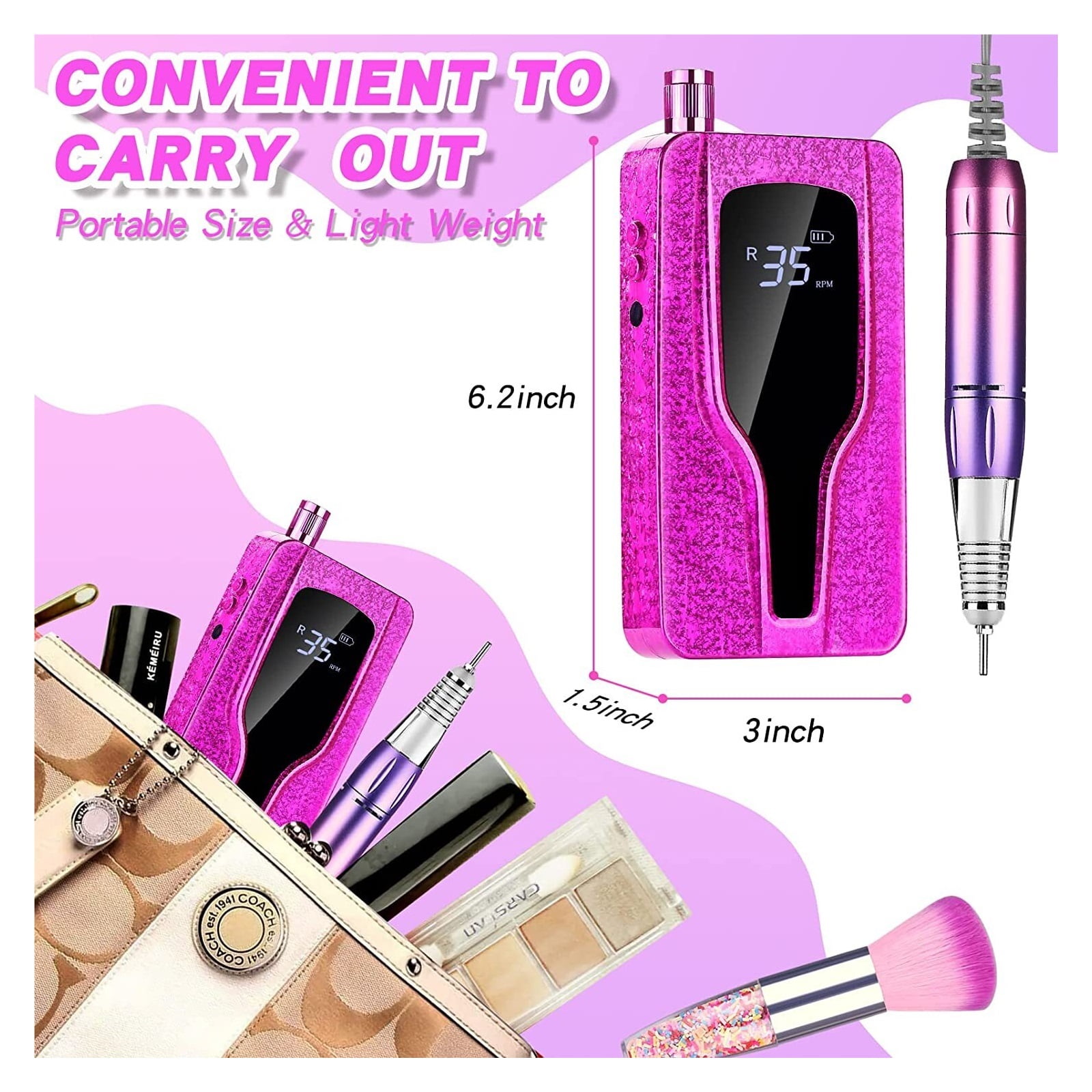 35000RPM Nail Drill Manicure Machine Rechargeable Powerful Electric Nail File Professional Nail Motor For Polish Arcylic Gel ,Lightweight and Portable