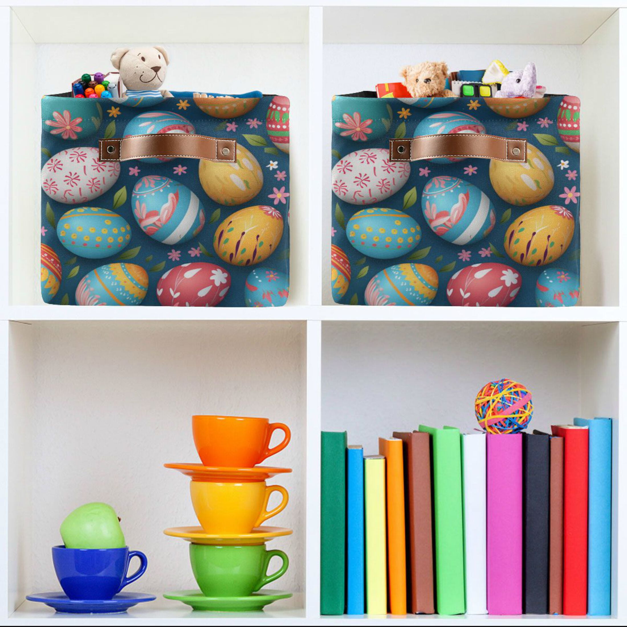 Colorful Easter Eggs Storage Bins with Handle Fabric Organizer Basket Foldable Box 2 Pack 14.2x10.2x8.3