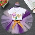 thumbnail image 5 of FYMNSI Baby Girl First Birthday Outfit Flower Theme Cotton Short Sleeve Romper Tutu Tulle Skirt Crown Headband 3pcs Set 1Y Purple, 5 of 9