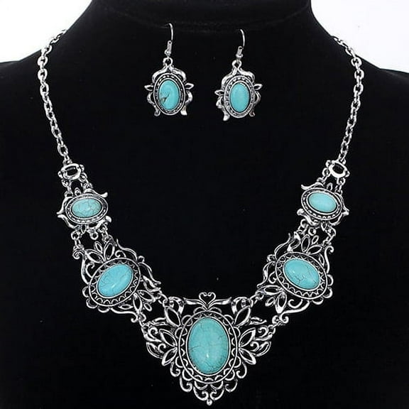 Jiaroswwei Women's Hollow Tibetan Oval Turquoise Bib Collar Necklace Earrings Jewelry Set