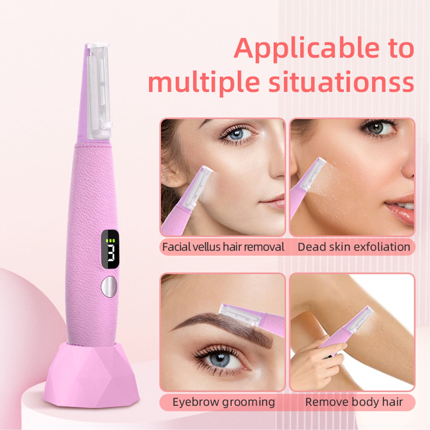 Sonic Dermaplaning Tool for Women, Rechargeable Face Dermaplane Razor with 14,000 Vibrations, 3 Speeds with LED Light, 12 Blades for Peach Fuzz Removal & Facial Exfoliation(Pink)