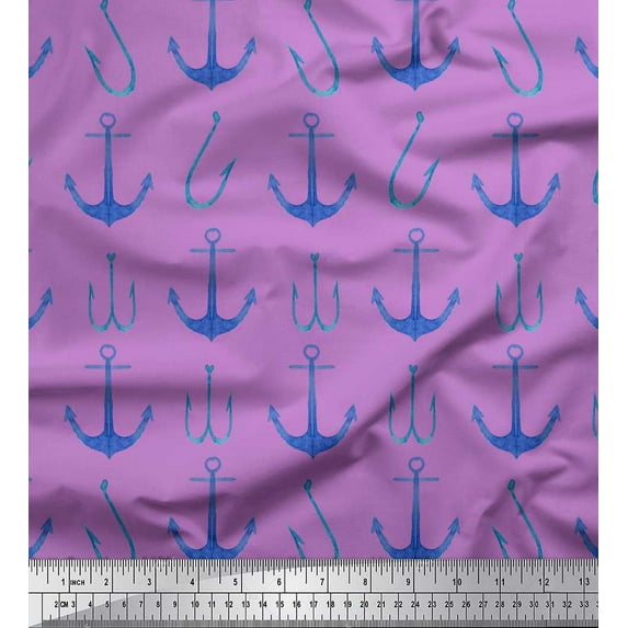 Soimoi Purple polyester Crepe Fabric Anchor Hook Nautical Print Fabric by the Yard 52 Inch Wide