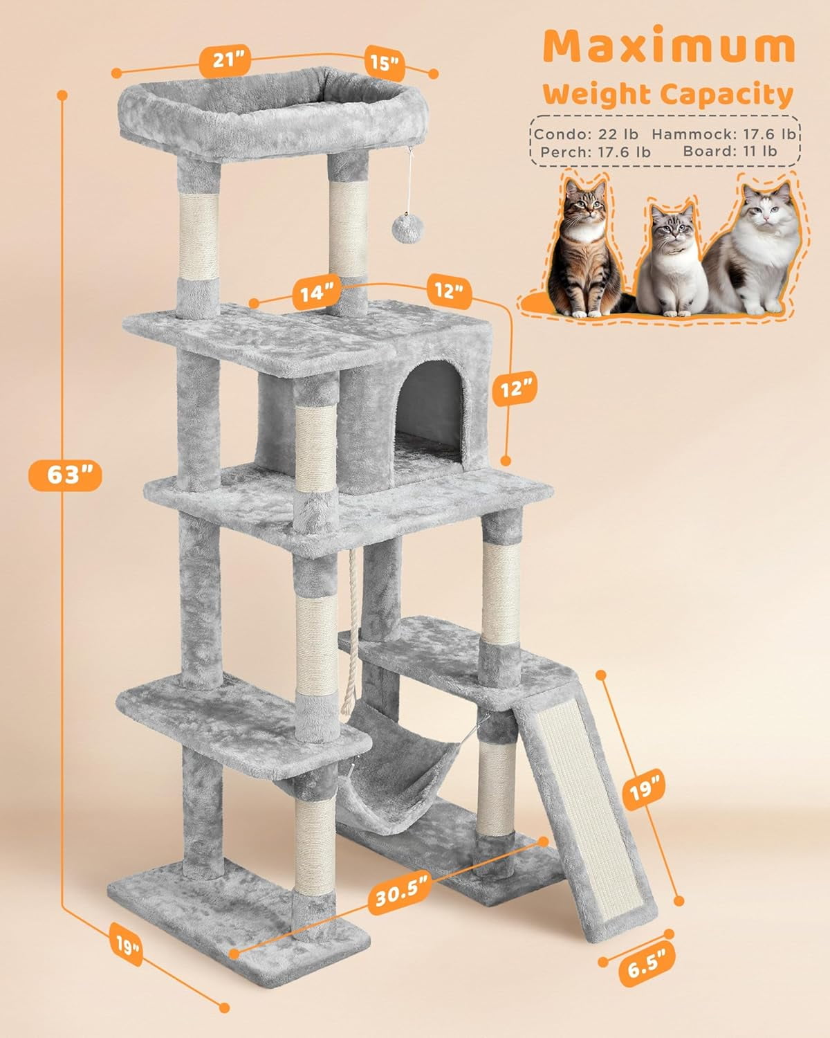 GMNIU Cat Tree Cat Tower, 63in Multi-Level Kitten Tree for Indoor Kitty, Pet Condo Furniture with Scratching Posts, Large Top Perch, Hammock, Tall Climbing Stand for Kitty Play