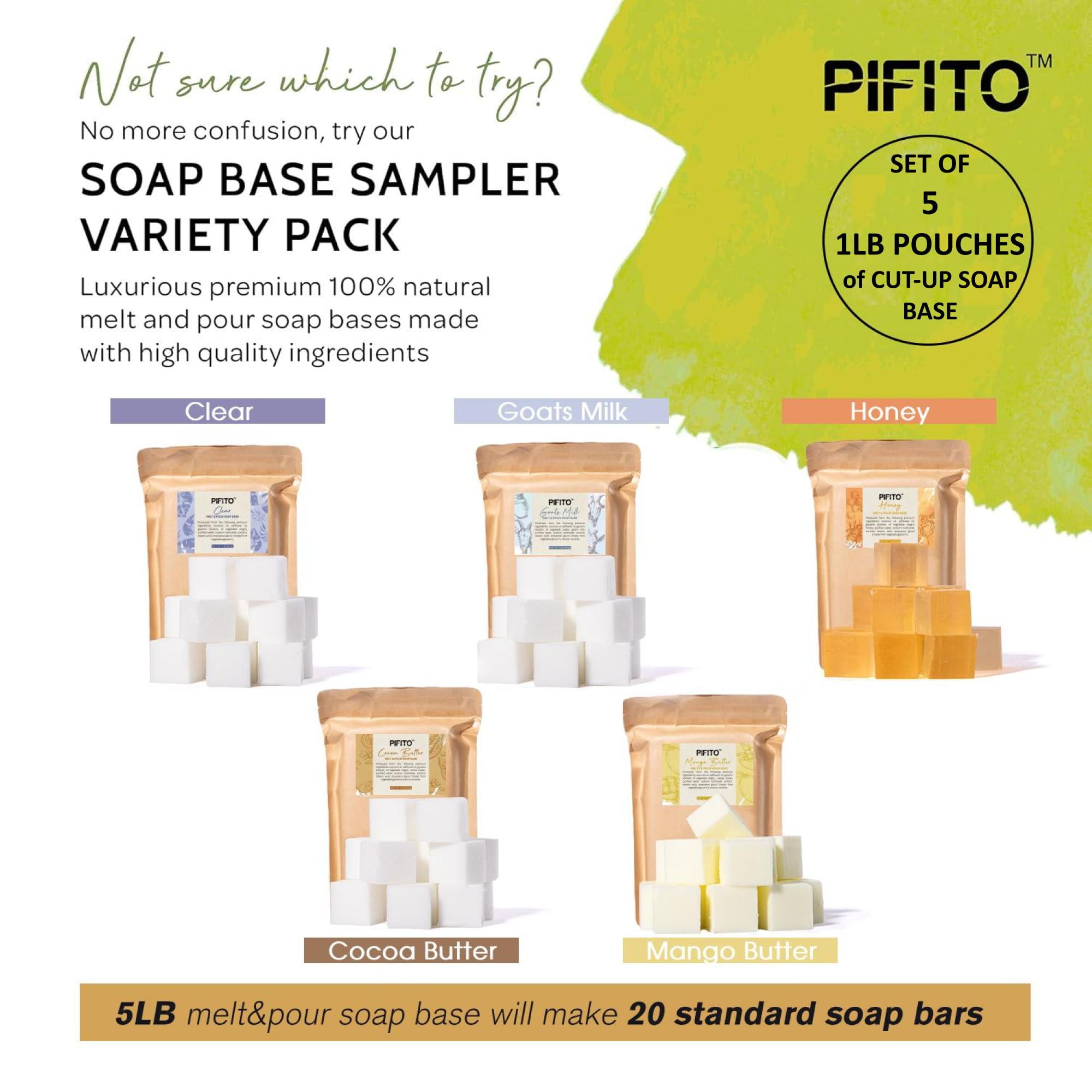 Pifito Pre-Cut Melt and Pour Soap Base Sampler (5 lbs) ? Cut-Up Pieces of Soap Base (1lb ea) ? Goats Milk, Honey, Clear, Cocoa Butter, Mango Butter ? Glycerin Soap Making Supplies Kit