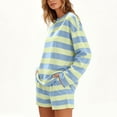 thumbnail image 4 of BRELIL Women's Two Piece Outfits Striped Lounge Set Long Sleeve Round Neck Pullover Top with Shorts Casual Loose Knit Tracksuit for Summer Vacation Travel, Light Blue M, 4 of 6